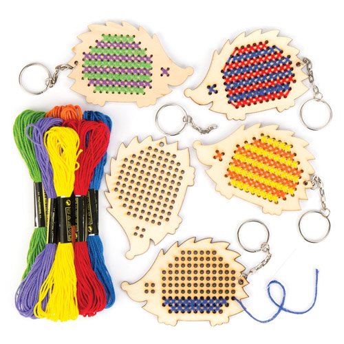Baker Ross Hedgehog Wooden Cross Stitch Keyring Kits Perfect for Children's Arts, Crafts and Decorating for Boys and Girls (Pack of 5)