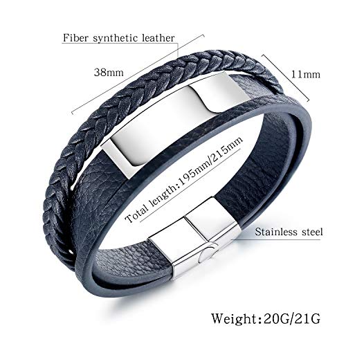 GAGAFEEL Leather Classic Braided Rope Bracelet Custom Engraved Message Stainless Steel Bangle Unisex Gift (Black-Engrave 2 Side-Length 19.5cm)