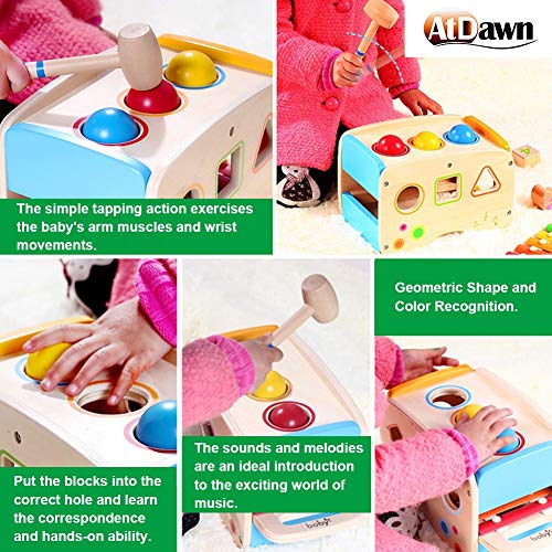 image for ATDAWN Wooden Shape Sorter Bus with Slide Out Xylophone, Wooden Musica