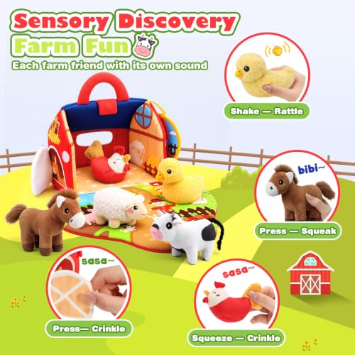 Baby Toys 6-12 Months, Plush Farm Animal Sound Toys Baby Gifts Sensory Toys for Babies Boy Girl Gift 6M+ 1 Year Old Girl Boy Newborn Gifts Toys for 1 Year Old Boys Girls Travel Newborn Toys