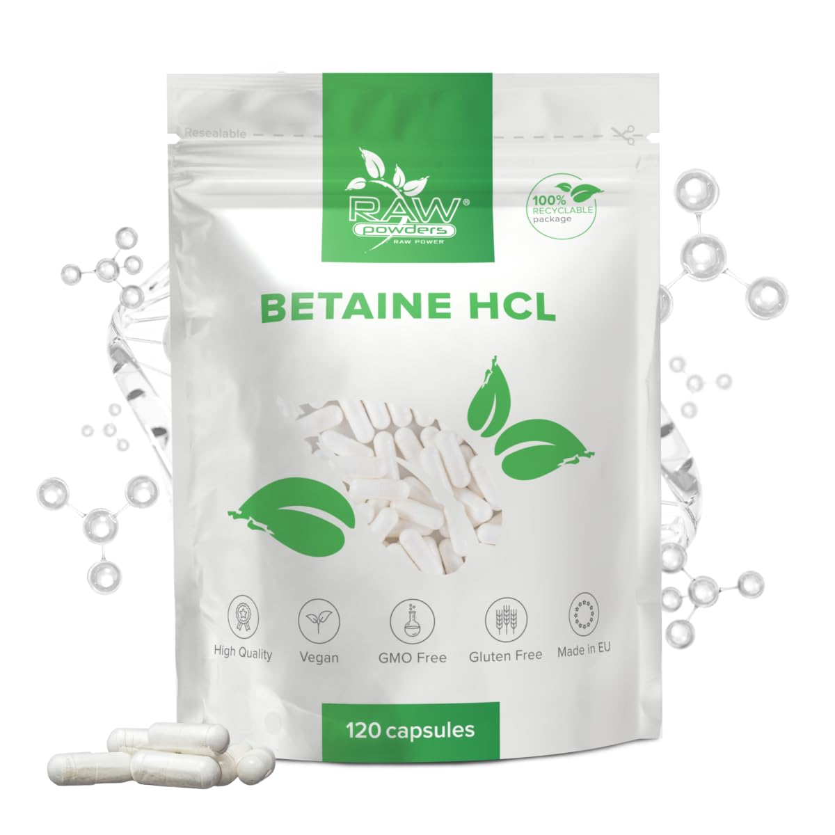 Betaine HCl 650mg – 120 Vegan Capsules | High Strength Betaine Hydrochloride | Supports Stomach Acidity & Protein Digestion | Digestive Support | 4 Months Supply | Raw Powders