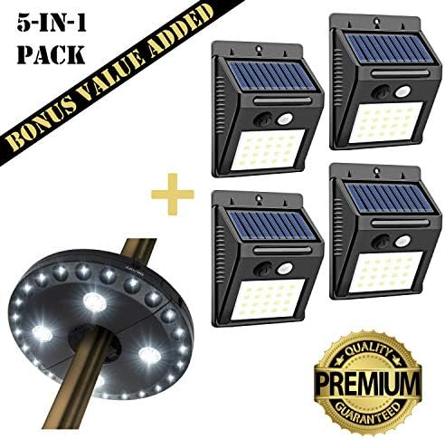 YUNIC LED Motion Sensor Security Solar Lights Outdoor 5-in-1 Value Pack, 4 Solar Motion Sensor LED Security Lights, AND 1 Bonus Patio Umbrella LED Light for Backyard, Garden, Entrance Walkway and More