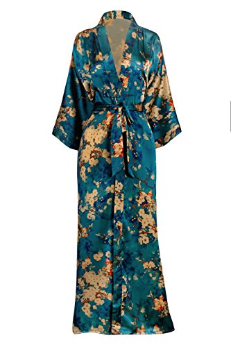 Old Shanghai Women's Kimono Robe Long - Watercolor Floral, Tamiko- Teal