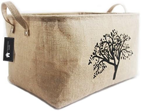 Jute Storage Basket by Kangaroo Walk • Collapsible Burlap Storage Bin for Toys, Baby Items, Laundry, Clothes • Lovely on Shelves or Anywhere in Home • Organize with Elegance • (Tree)