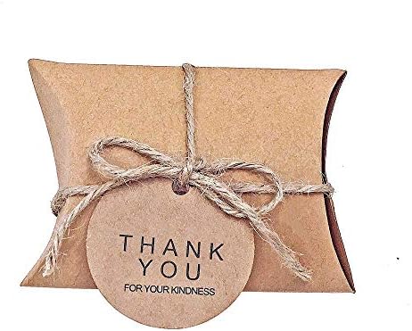 Xiaogongju 10Pcs/Lot Cute Kraft Paper Pillow Candy Box Wedding Favors Gift Candy Boxes with Tags Home Party Birthday Supply with Thank You tag 5X6.5X2.5CM