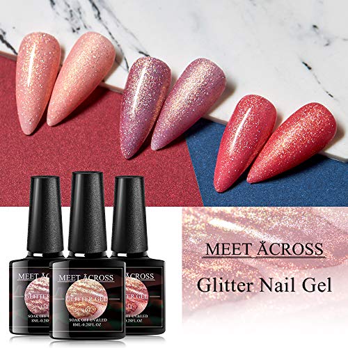 MEET ACROSS Gel Nail Polish Set 3 Colors, Pink Soak off UV LED Lamp Gel Nail Polish Set Mermaid Glitter Gel Polish Home Gel Manicure Kit 8ml