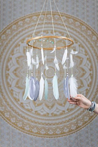Large Mint, White and Gray Dream Catcher Mobile - 12" / 30CM Diameter White Dreamcatcher Mobile Bohemian Dream Catcher Nursery Mobile Baby Mobile Boho Decor Wedding Decor