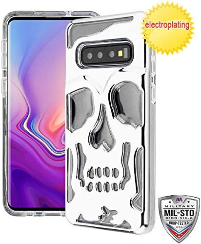 iHeartGlitter - for Samsung Galaxy S10 Silver Head Skull Plated Clear Hybrid Cover Phone Case [ONLY S10 Model]