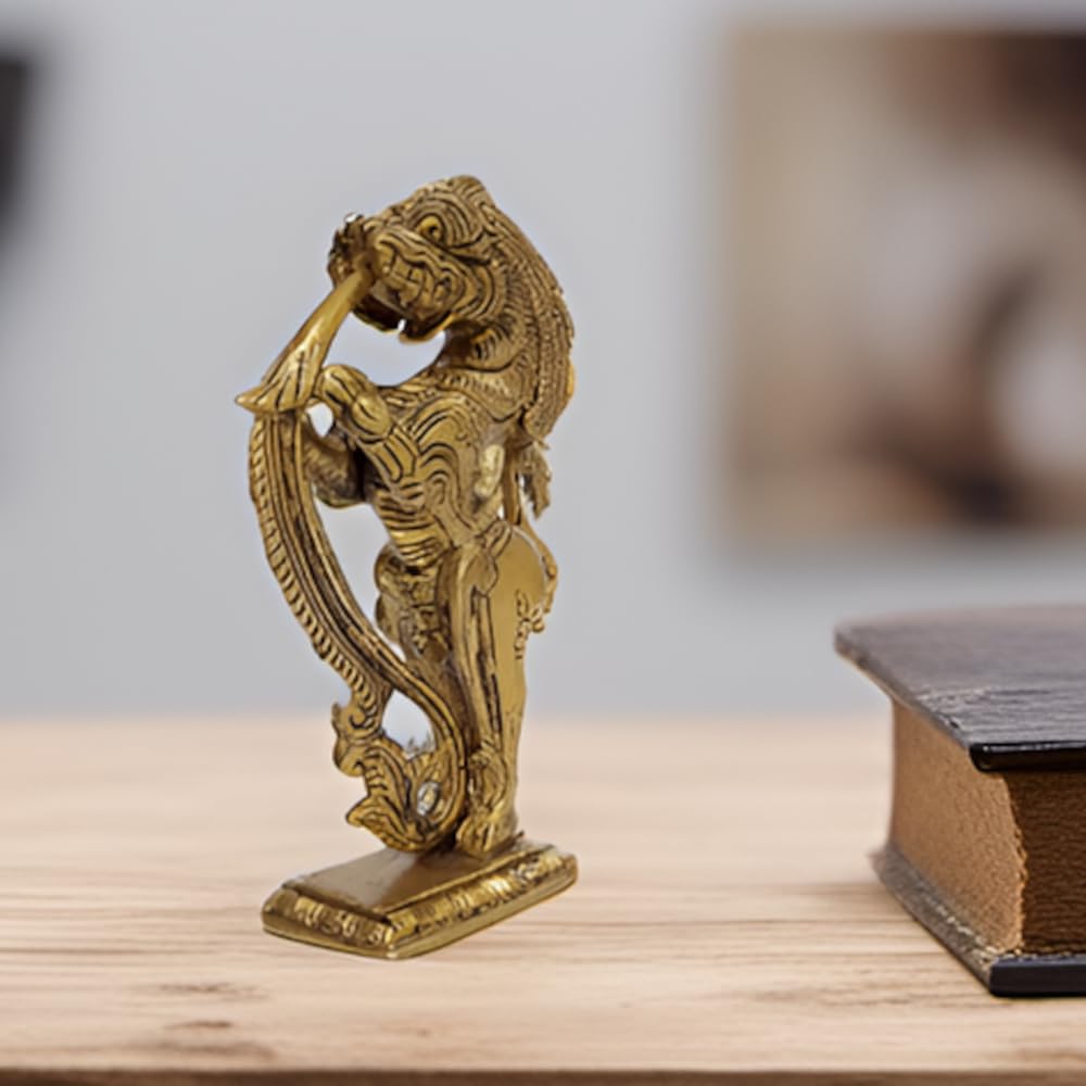 Purpledip Brass Idol Yali (Yarli): Temple Door Pillar Mytholgical Leogryph Animal (12414)
