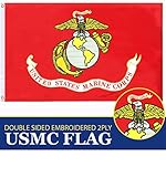 G128 USMC Double Sided 2ply Embroidered 3x5ft Heavy Duty Brass Grommets U.S. Marine Corps Military Flag