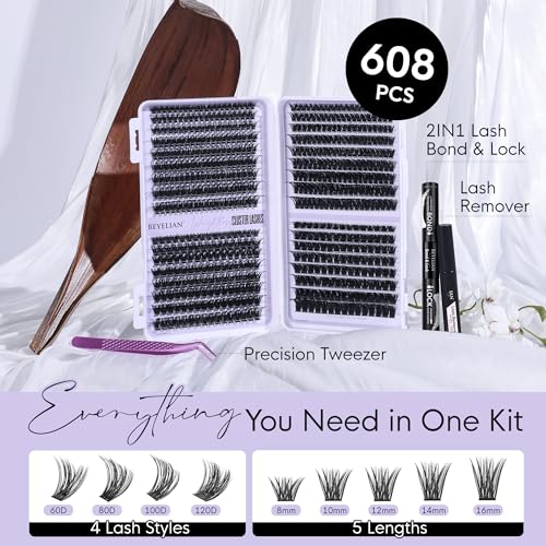 BEYELIAN Cluster Lashes Kit 608Pcs Lash Clusters with Glue and Remover and Lash Tweezer, Volume Clusters Lash Book Kit D Curl Eyelash Extensions for DIY at Home 8-16mm (60D+80D+100D+120D)