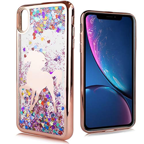 Compatible fit Apple iPhone XR [2018] Cute Liquid Glitter Flowing Sparkle Motion Stars Shockproof Protective Chrome TPU Clear Case for iPhone XR 6.1"[Free Emoji Keychain!] (RG Unicorn)
