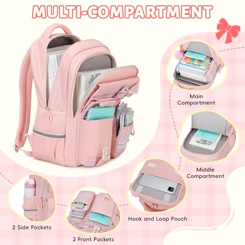 Tanou Girls Primary School Bag, Waterproof Daypack School Backpack for Teens, Kawaii Checked School Bag for Girls 9-16 Years Old for Travel