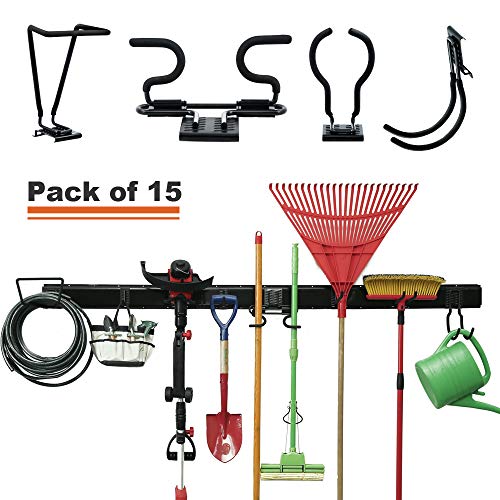 15-PCS Garage Storage Systems Adjustable Organization Rack Wall Mounted Removable Hook Organizer Hanger for Broom Mop Rake Shovel & Garden Tools, 80inch Rail, 10 Hooks - Thumbnail 7