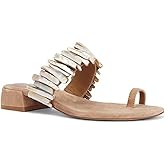 Womens Shell Decor Slide Sandals Low Block Heel Summer Open Toe Slip On Dressy Casual Flat Heeled Sandals