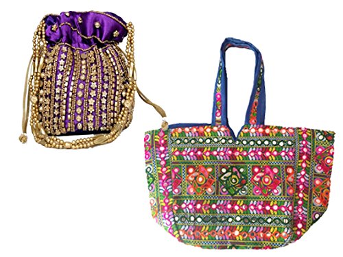 stop here combo of traditional mirror work jhola bag and elegant jaipur heavy work potli blue
