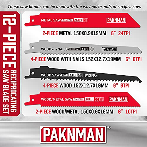 PAKNMAN Reciprocating Saw Blade Set 12Piece, Metal and Wood Sawzall