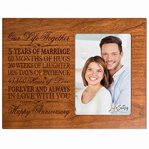 Five year anniversary gift her him couple Custom Engraved 5th year wedding celebration for husband wife girlfriend boyfriend frame holds 4x6 photo by LifeSong Milestones (Cherry)