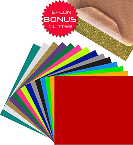 Heat Transfer Vinyl 12 x 10 Inches 15 Sheets 14 PU + BONUS : TEFLON and Glitter EasyWeed Unique and Vibrant Assorted Colors Bundle Iron-On HTV for Cricut Silhouette Cameo Heat Press Machine etc