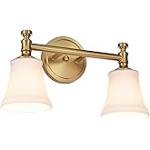Hanaloa Gold Bathroom Vanity Light Fixtures, Traditional Aged Brass 2 Lights Wall Sconce Lighting with Opal Glass Shade, Porc