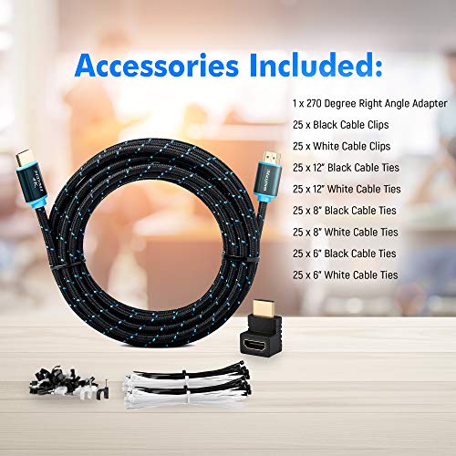 Maximm High-Speed HDMI 2.0 4K Nylon Braided Cable, 15 Feet, 3-Pack (Includes Cable Clips, Ties and Right Angle Adapter)