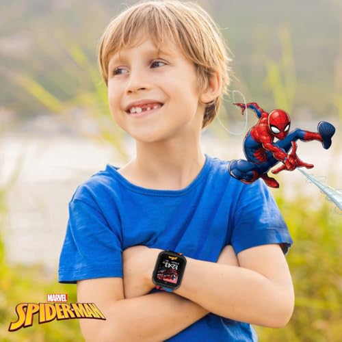 Spider-Man Kids LED Smartwatch with 10 Watch Faces, Flashing LED Bezel, Step Counter, Selfie and Video Camera, Timer, Stopwatch, Alarm, Calculator, Fun Games, and 3 Wallpapers – Fits Wrists 5.5