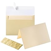 Wishop 50 Pack Shiny Self-Adhesive Envelopes with Shiny Fold Cards for Wedding Invitations, Greeting Cards, Baby Shower, Letter Mailing (Cream Color, 5x7)