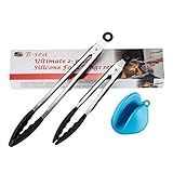 B-sea Kitchen Tongs, Easy Grip Silicone Cooking/Food Tongs, Bonus Silicone Oven Mitt, Pack of 2, Black
