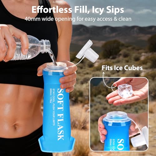 Euqvunn 2 Pcs Soft Water Bottle Running Flask 500ml Reusable BPA Free with Waterproof Cap, Foldable for Running, Walking, Hiking, Cycling