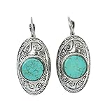 Tagoo Vintage Silver Alloy Round Inlaid Turquoise Drop Earrings