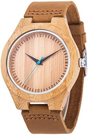 Men's Wooden Watch Handmade Bamboo Wood Engraved Hour Indexes Cowhide Leather Strap