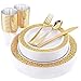 WDF 150 Gold Disposable Plates & Plastic Silverware &Plastic Cups, Lace Dinnerware : 25 Dinner Plates 10.25 inch, 25 Dessert Plates 7.5 inch, 25 Tumblers 10 oZ, 25 Forks, 25 Knives, 25 Spoons