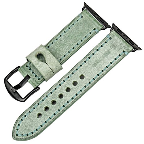 MAIKES Bridle Leather Watch Band Replacement for Apple Watch 44mm 40mm 42mm 38mm Series 4 3 2 1 iWatch Watchbands Compatible with Apple Watch Strap (38mm, Green+Black Buckle)