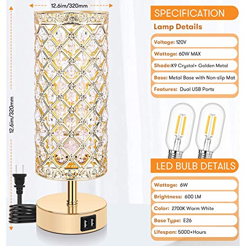 Set of 2 Touch Control Crystal Table Lamps with 2 USB Ports, 3Way