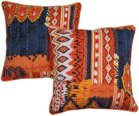 Agasvi Cotton Orange Ikat Kantha Hand Embroidered Square Cushion Covers Sets Decorative Pillow for Home 18 x 18 Inch Set of 2