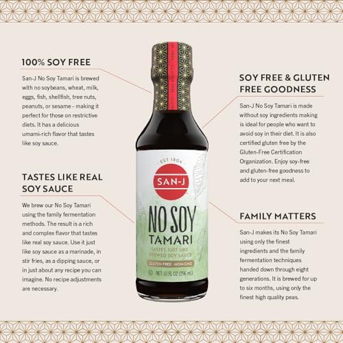 SAN-J – NO SOY TAMARI – SPECIALLY BREWED SOY SAUCE ALTERNATIVE – 10 OZ. BOTTLE