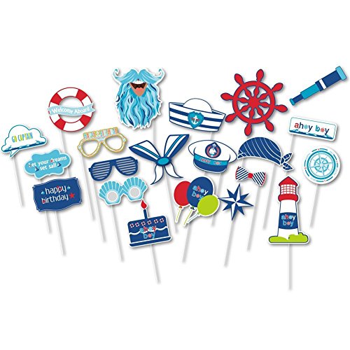 PAPER JAZZ 21 pcs Ahoy boy Nautical Party Photo Booth Props Mustaches Signs Sailor Hats Baby Boy Birthday Cruise Ship Party Supplies (AHOY BOY)
