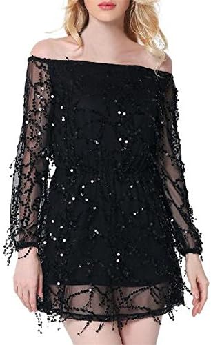 Women's Off Shoulder Slash Neck Gauze Tassel Sequins Party Mini Dress (XXL, Black)
