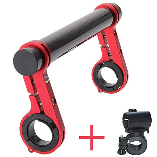 PGMJ 7.88in Bicycle Double Handlebar Extensions Bike Mounts Carbon Fiber Bracket With Bicycle Front Light Clamp(Red)