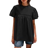 Tankaneo Womens Ruffle Short Sleeve Babydoll Tops Peplum Mock Neck Blouse Casual Loose Fit Pleated Tunic Shirts