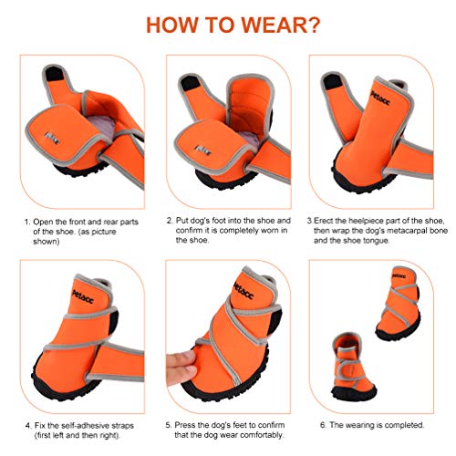 petacc Dog Boots Waterproof Dog Shoes for Large Dogs Pet Boots Outdoor Shoes with Adjustable Reflective Velcro Rugged Anti-Slip Sole, 4Pcs, Orange, (L, Orange)