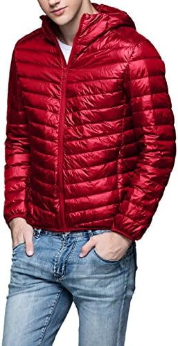 Men's Down Coat Hooded Packable Lightweight-Red-XL