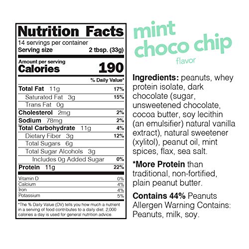 Nuts 'N More Mint Chocolate Chip Peanut Butter Spread, All Natural High Protein Nut Butter Healthy Snack, Omega 3's, Antioxidants, Low Carb, Low Sugar, Gluten-Free, Non-GMO, no preservatives,16 oz Jar