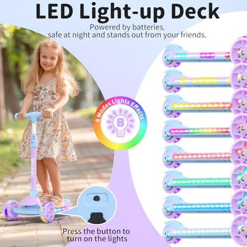 BELEEV A9 Kids Scooter with LED Light-Up Wheels & Deck, 3 Wheel Foldable Kick Scooter for Toddlers Boys Girls Ages 3-12, Adjustable Handlebar, Lean-to-Steer, Extra-Wide Wheels