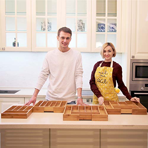 Utensil Drawer Organizer Bamboo Flatware Organizer Expandable Kitchen Silverware Organizer Cutlery Tray with 2 Removable Knife Blocks 8 Compartments Kitchen Tray for Utensil, Cutlery, Flatware, Silver
