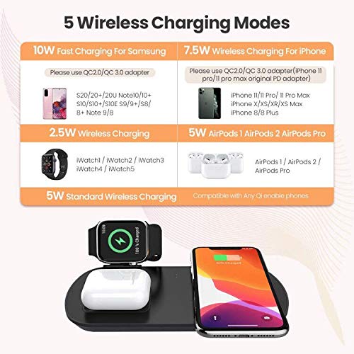 3 in 1 Wireless Charger, Qi Charging Station for Apple Watch, Airpods Pro/2,Charging Dock for Airpods 1/2/Pro,7.5W Qi Fast Charger for iPhone 11/11 Pro Max/SE 2/XS Max/XR/XS/X (for iWatch)