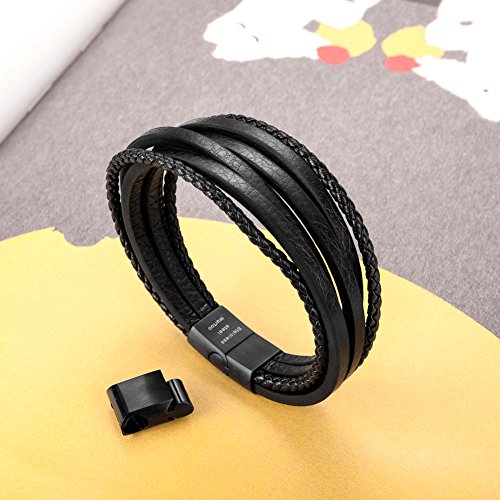 murtoo Leather Bracelet For Man-Clasp Cowhide Braided Multi-layer Wrap Mens Bracelet, (Black New,8.7'')