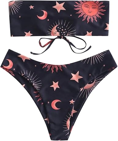 sun moon star print lace up tummy control tankini swimwear