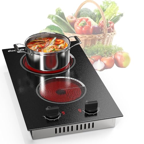 Cooksir Ceramic Hob 2 Burners with Buttons, 2 Burners Electric Hob with Plug, 30 cm Recessed Electric Hob, 3000 W, Control Buttons, 9 Levels, 240 V