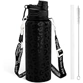 Black Leopard Skin Stainless Steel Water Bottle with Strap 32oz, Insulated Bottles with Straw and Spout Lid for Gym Sports Travel Outdoor, Gifts for Women Girls Birthday Christmas